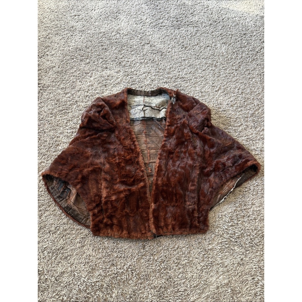 Vtg Mink Brown Stole Wrap Capelet Bolero Shrug Sz S/M Monogram FLAWS